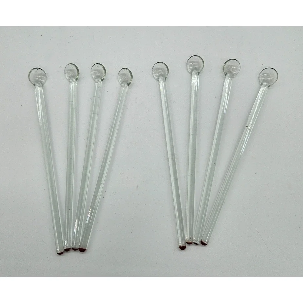 VINTAGE Set of‎ 8 Clear Glass Stirrers with Round RED Ends Cocktail Drink Mixers
